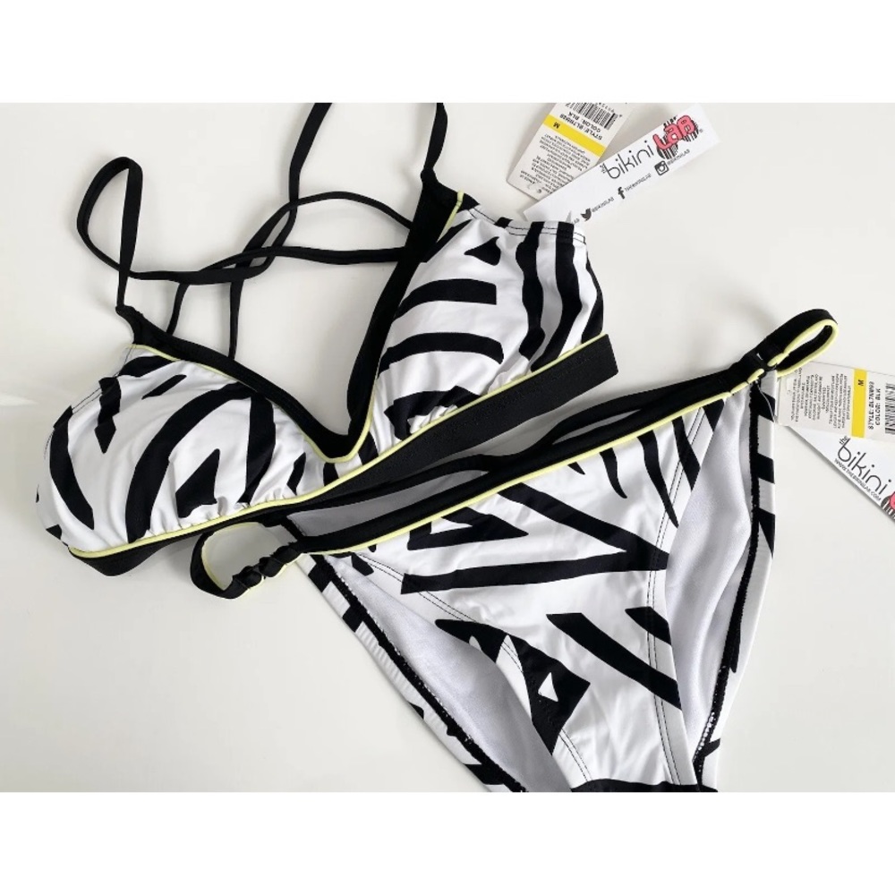 $67 NEW Bikini Lab Black White Stripe Yellow Bathing Swim Suit Swimwear Medium M